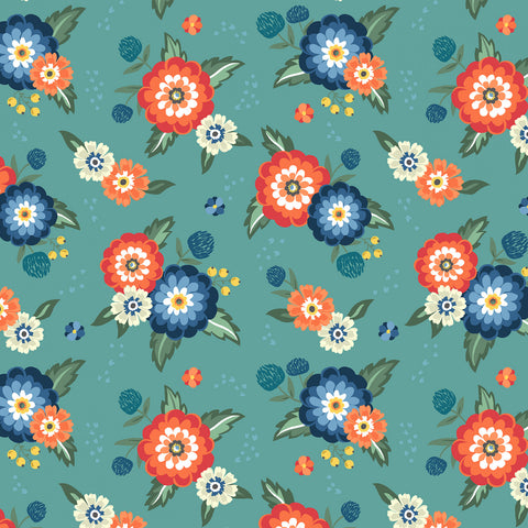 "Clover & Dot"-Soft Teal Dahlia Bouquets by Allison Harris for Windham Fabrics