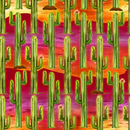 "Whimsical West"-Multi Cactus Scenic Digital by Connie Haley for 3 Wishes Fabric