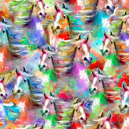 "Whimsical West"-Multi Horse Stampede Digital by Connie Haley for 3 Wishes Fabric