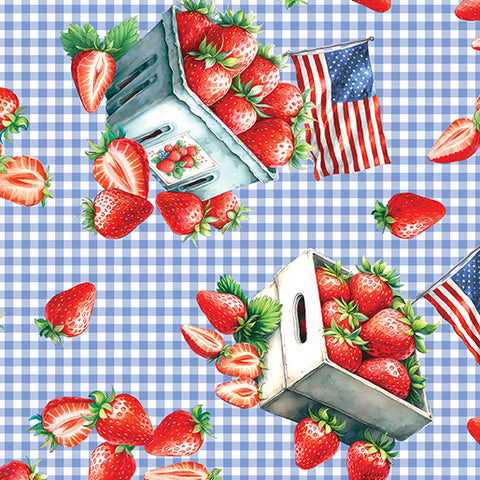 "Red, White & Sweet" Strawberry Celebration Blue by Nicole Decamp  for Benartex