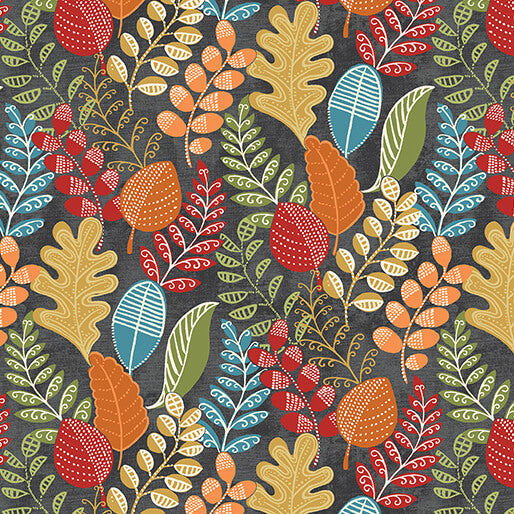 "Hello Pumpkin" Dancing Leaves Dark Grey/Multi by Cherry Guidry for Benartex