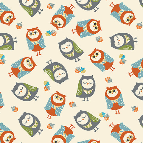 "Hello Pumpkin" Owl Family Cream by Cherry Guidry for Benartex