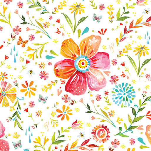 "A Prairie Heart" Posies White by Katie Daisy for Benartex