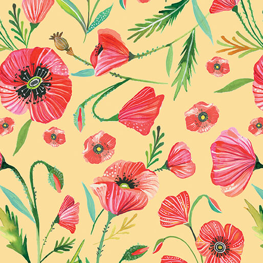" Into The Meadow" Field of Poppies Yellow by Katie Daisy for Benartex