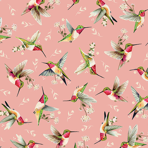 " Into The Meadow" Hummingbird Toss Rose by Katie Daisy for Benartex