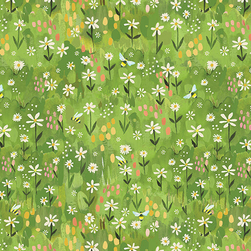 " Into The Meadow" Daisy Field Green by Katie Daisy for Benartex
