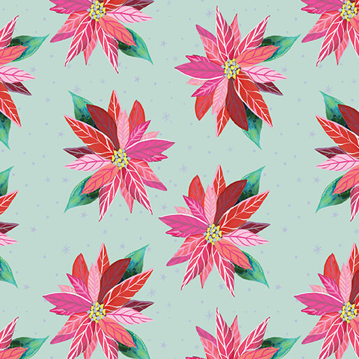 "Magical Season" Painterly Poinsettia Light Turquoise by Katie Daisy for Benartex