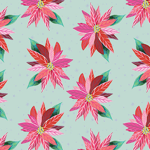 "Magical Season" Painterly Poinsettia Light Turquoise by Katie Daisy for Benartex