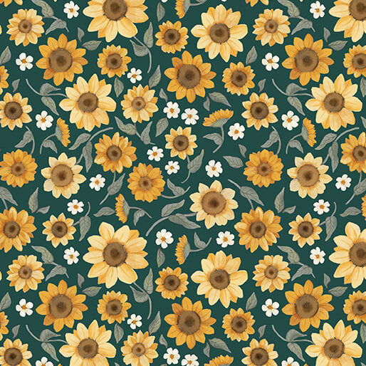"Heirloom Garden" Sunflower Fields Dark Teal by Fox and Fables for Benartex