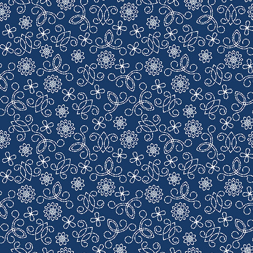 "Among the Wildflowers II" Tin Lantern Indigo by SHELLEY CAVANNA for Benartex