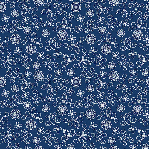"Among the Wildflowers II" Tin Lantern Indigo by SHELLEY CAVANNA for Benartex