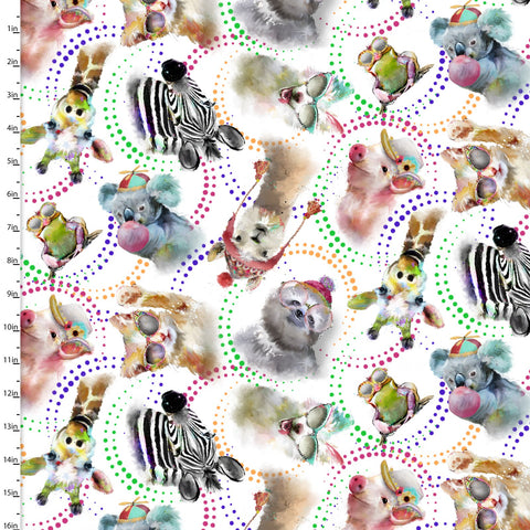 "Road Trippin'"-Tossed Animals White by Connie Haley for 3 Wishes Fabric
