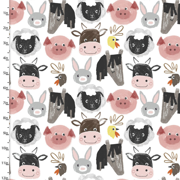 "Little Foot Farm"-LITTLE FARM FACES WHITE by 3 Wishes Fabric