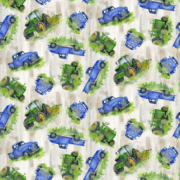"Country Living'"-Trucks and Tractors by John Keeling for 3 Wishes Fabric