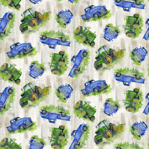 "Country Living'"-Trucks and Tractors by John Keeling for 3 Wishes Fabric
