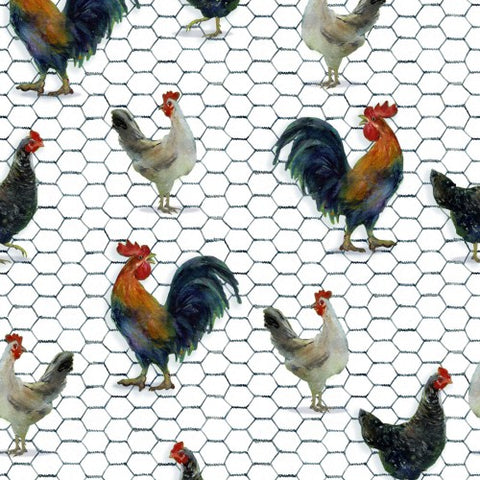 "Country Living"-Chicken Dance White by John Keeling for 3 Wishes Fabric
