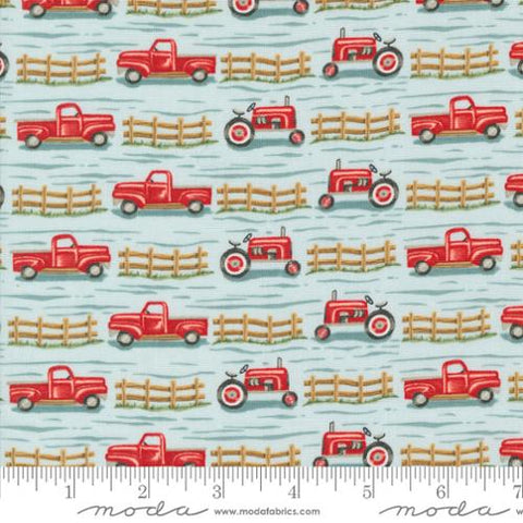 "Willow's Farm"-Trucks and Tractors Sky by Deb Strain for Moda