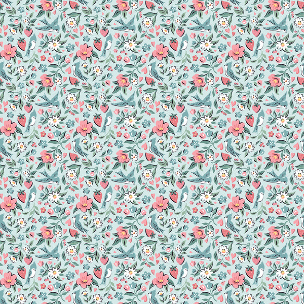 "Granny's Sewing Room"-Blue Bluebirds & Berries by Sheri McCulley for Poppie Cotton
