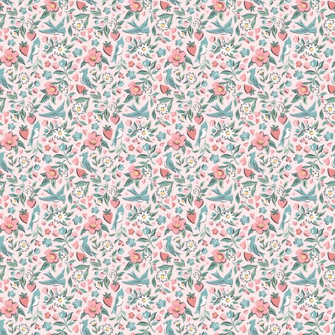 "Granny's Sewing Room"-Pink Bluebirds & Berries by Sheri McCulley for Poppie Cotton