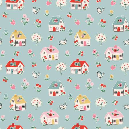 "Home Sweet Home"-Blue Happy Home by Elea Lutz for Poppie Cotton