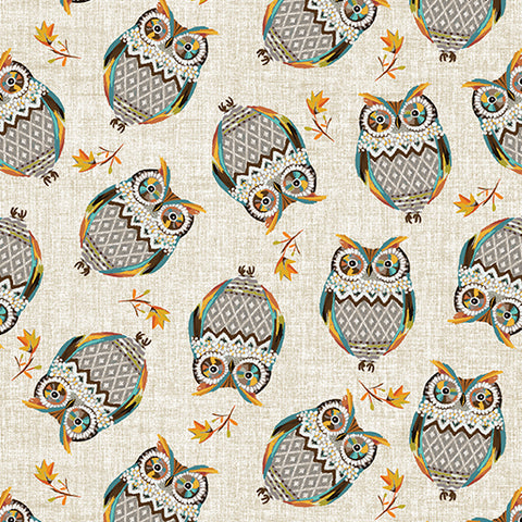 "Hello Fall" Tossed Owls LtNatrl by Jessica Flick for Benartex
