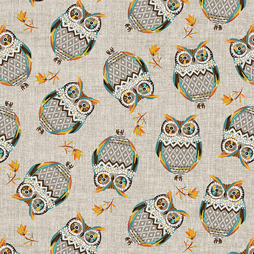 "Hello Fall" Tossed Owls Taupe by Jessica Flick for Benartex
