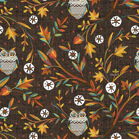 "Hello Fall" Woodland Vine Owls Cocoa by Jessica Flick for Benartex