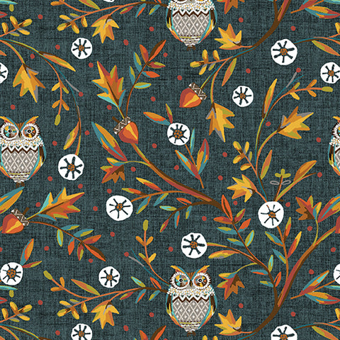 "Hello Fall" Woodland Vine Owls Lt.Teal by Jessica Flick for Benartex