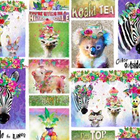 "Party Animals"-White Animal Phrases Digital by Connie Haley for 3 Wishes Fabric