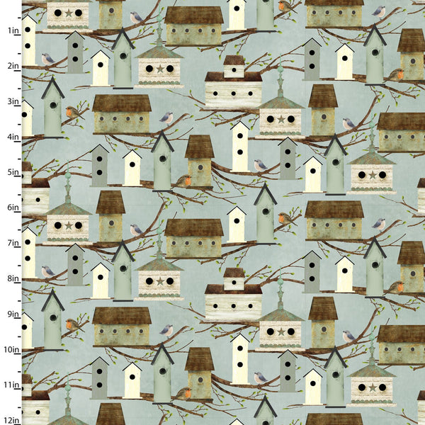 "Touch of Spring"-BIRD HOUSES DR BLUE by Beth Albert for 3 Wishes Fabric