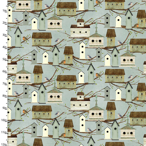 "Touch of Spring"-BIRD HOUSES DR BLUE by Beth Albert for 3 Wishes Fabric