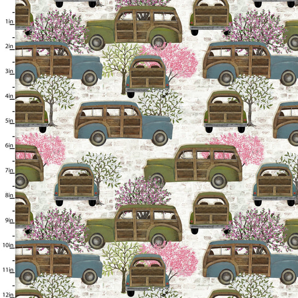 "Touch of Spring"-WAGONEER DR WHITE by Beth Albert for 3 Wishes Fabric