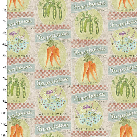 "Touch of Spring"-SEED PACKETS DR BEIGE by Beth Albert for 3 Wishes Fabric