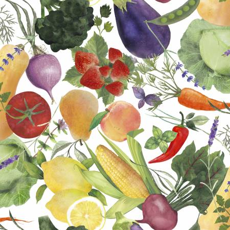 "Locally Grown"-White Veggie Toss by Beth Albert for 3 Wishes Fabric