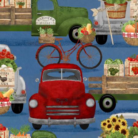 "Locally Grown"-Blue Veggie Delivery by Beth Albert for 3 Wishes Fabric