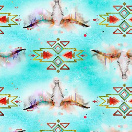 "Whimsical West"-Turquoise Longhorn Skulls Digital by Connie Haley for 3 Wishes Fabric