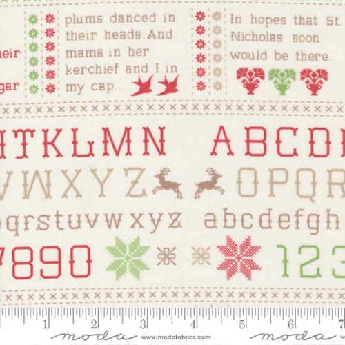 "Christmas Stitched"-Grandmas Sampler Christmas Text Multi by Fig Tree Quilts for Moda