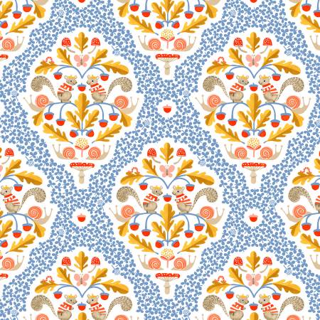 "Sweet Oak"- Squirrel Damask White Organic Cotton by Striped Pear Studio for Windham
