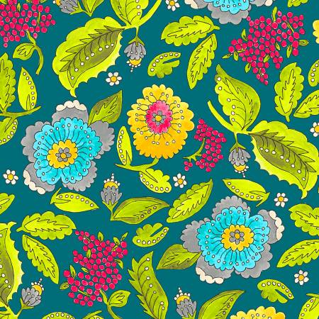 "Happy Chance"-Teal Happy Garden by Laura Heine for Windham Fabrics