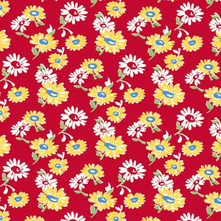 "Wild Flour"-Tossed Daisies, Red, Cotton by Windham Fabrics