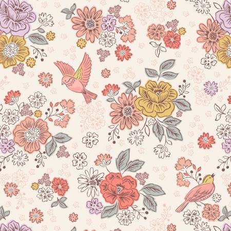 "Hannah's Flowers"-  Songbirds and flowers on cream by Lewis & Irene