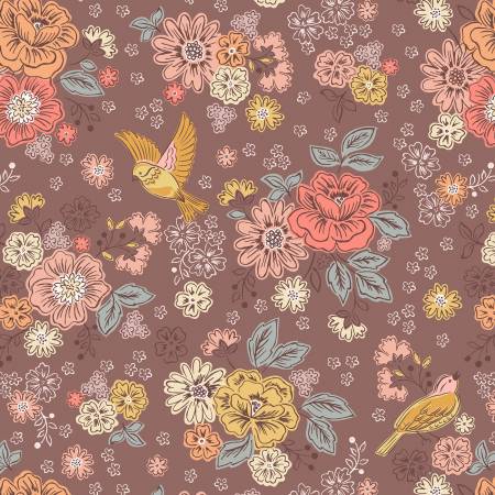 "Hannah's Flowers"-  Songbirds and flowers on soft brown by Lewis & Irene
