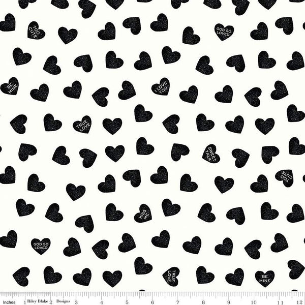"Be Mine Valentine" Candy Hearts Black from Janet Wecker-Frisch for Riley Blake