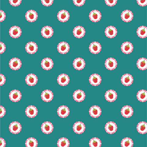 "HOPSCOTCH AND FRECKLES"-Vintage Strawberries Teal by Poppie Cotton